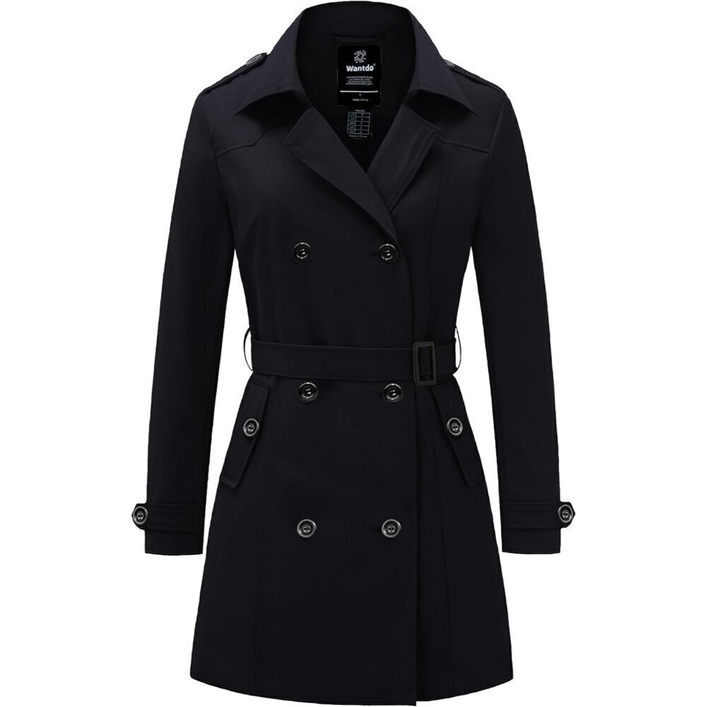 🆕Women's Black Waterproof Trench Coat with Classic Lapel and Belted Design